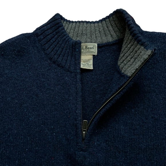 L.L. Bean Sweater Mens Size L 1/4 Zip Pullover Knit Wool Elbow Patch Blue - Picture 3 of 5